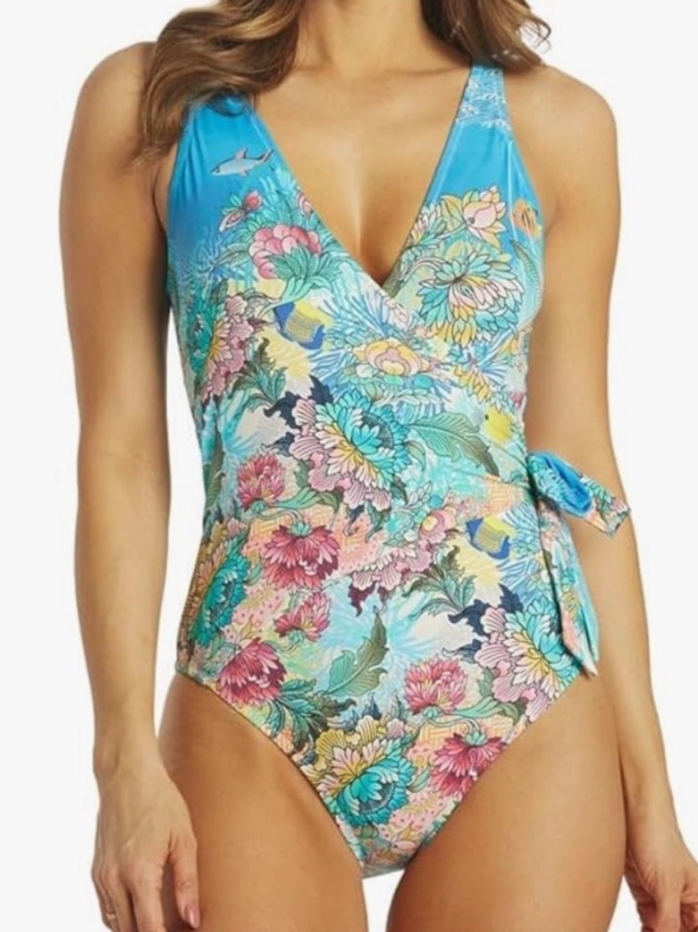 Johnny Was Mixi One Piece Swimsuit Bathing Suit Muticolor Floral Ocean Sea Life
